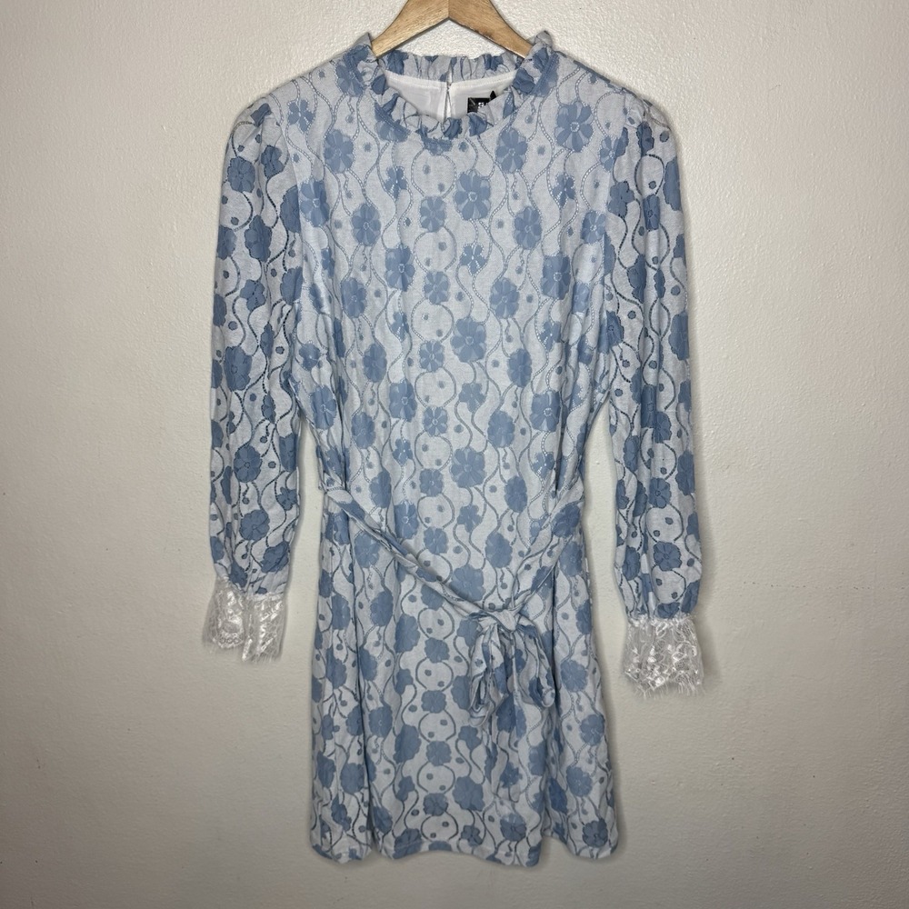 New Allegra K Blue Lace Ruffle Neck Mini Dress Peace Flower Retro Women's Large